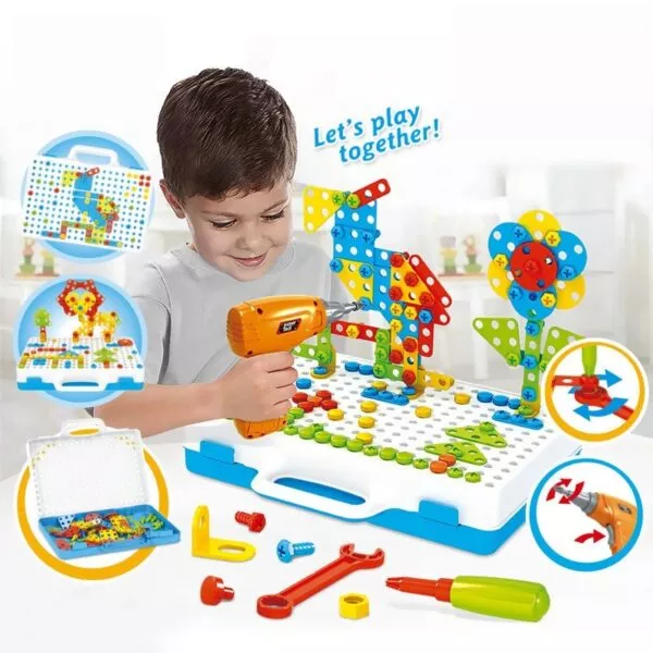 משחק הרכבה יצירתי לילדים תלת מימדי עם מקדחה חשמלית והברגות במגוון דגמים וחלקים