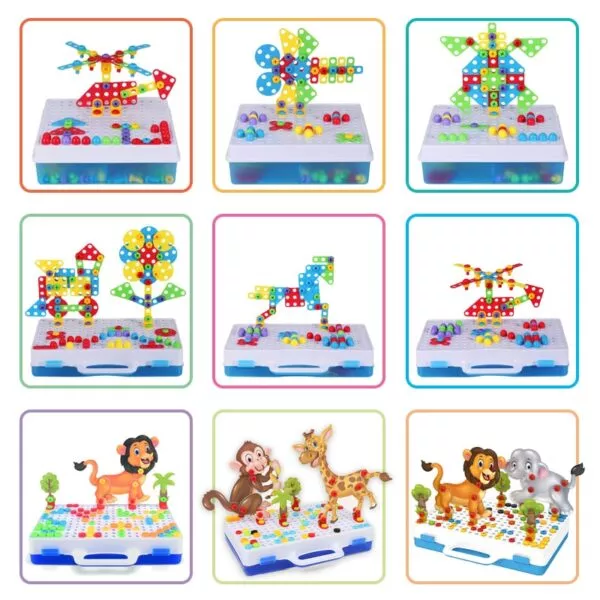 משחק הרכבה יצירתי לילדים עם מקדחה חשמלית והברגות במגוון דגמים וחלקים